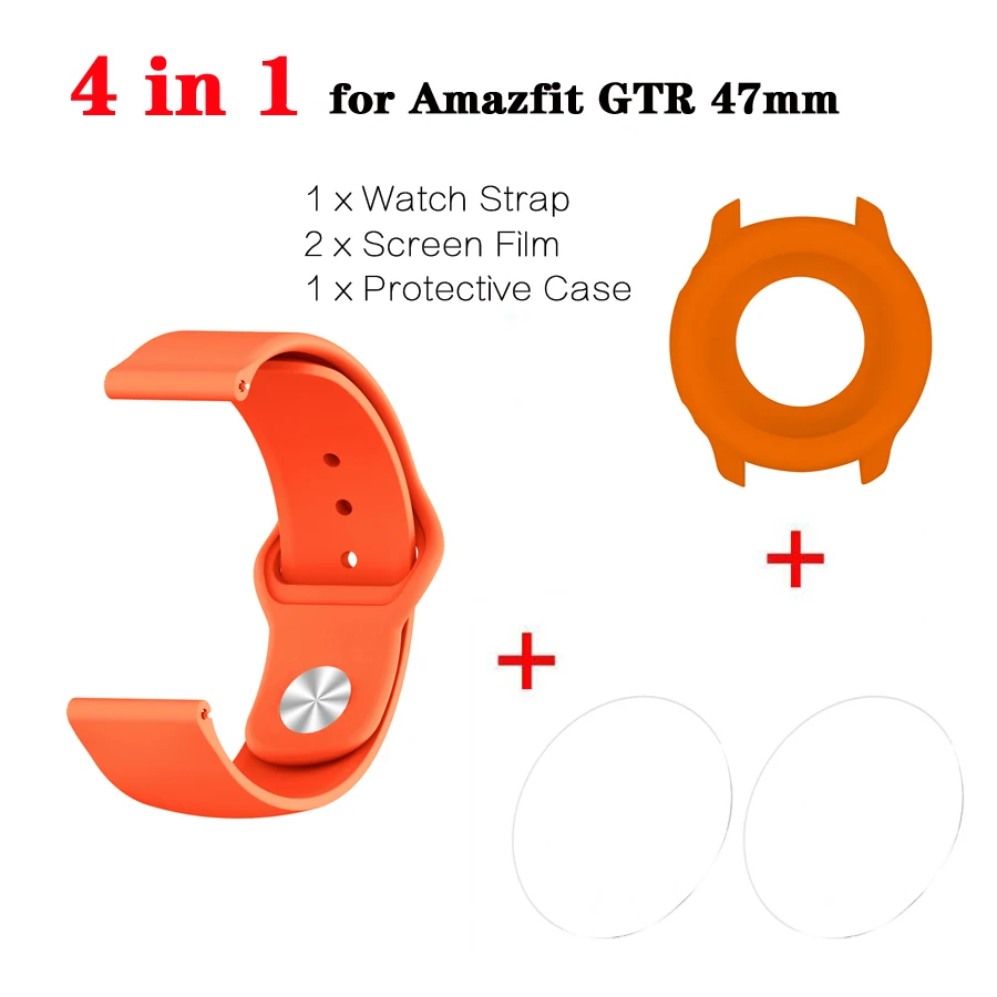 4 в 1 для Amazfit GTR ремешок браслет+ чехол для часов бампер+ Закаленное стекло протектор экрана для Huami Amazfit GTR 47 мм - Цвет: Оранжевый