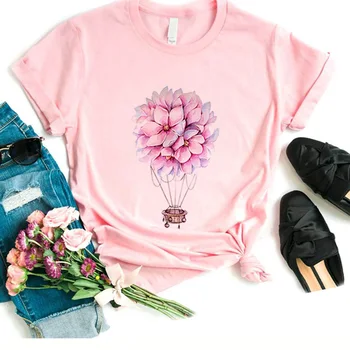 

2020 New Lily Hot Air Balloon Image Print T-shirt Women Summer Neck Short Sleeve Tops T Shirt Harajuku Vogue Casual Style Tshirt