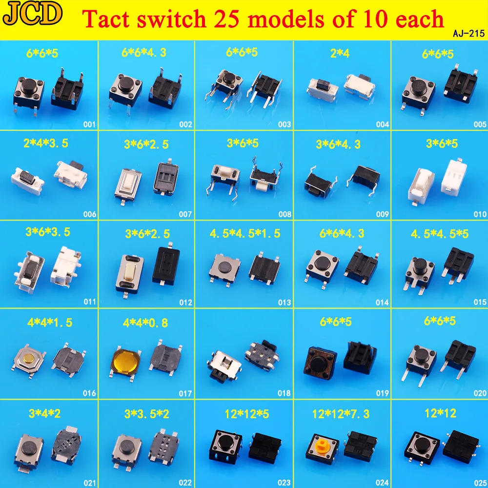 25 models of 10 each JCD 25 моделей 10 каждого переключателя Ассорти Микро Кнопочный такт переключатель сброса мини переключатель листьев SMD DIP 2*4 3*6 4*4 6*6 diy kit - Цвет: 25 models of 10 each