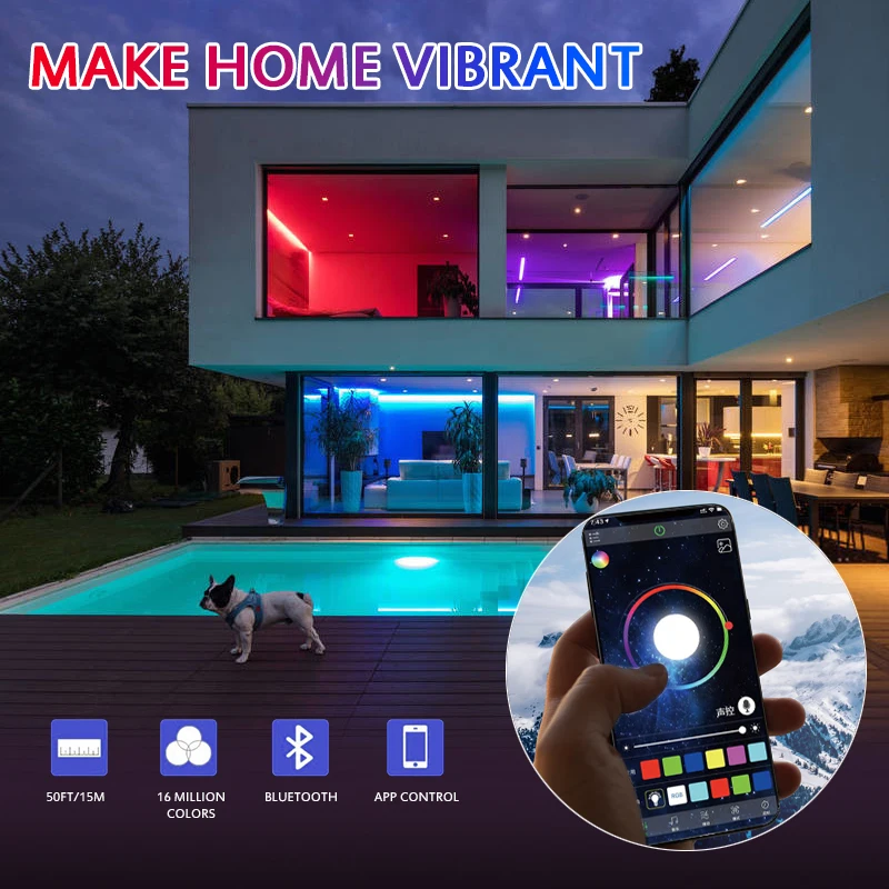 

Bluetooth 50Ft LED Strip Motion Backlight Waterproof RGB Tape Diode Flexible Bluetooth Control For Google Play And IOS