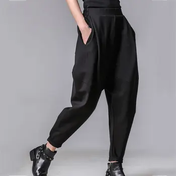 

OUSHANG Summer Plus Size Women Pants Personality Elastic Waist Black Harem Pants Tide Casual Spliced Trousers New