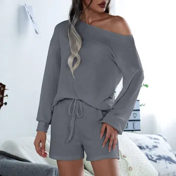 

Womens Suits Leisure Home Wear Suit Long Sleeve Knitted Tops+Lace-up Shorts Womens Halter Casual Autumn 2 Piece Sets#2