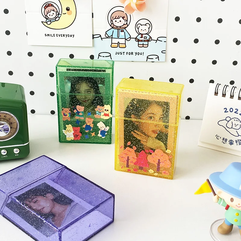 Sharkbang Transparent Glitter 3 Inch Card Holder Idol Postcards Protective Storage Box Bus Photo Cards Album Collection Supplies colorful ribbon holographic laser stickers diy scraping kawaii decorative materials idol card album deco stickers art supplies