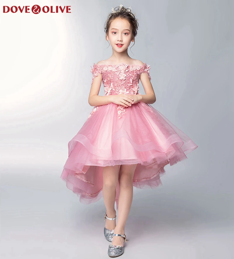 

Pink Short Front Long Back Formal Beauty Pageant For Flower Girl Dresses 2020 Elegant Appliques Party Communion Wedding Party