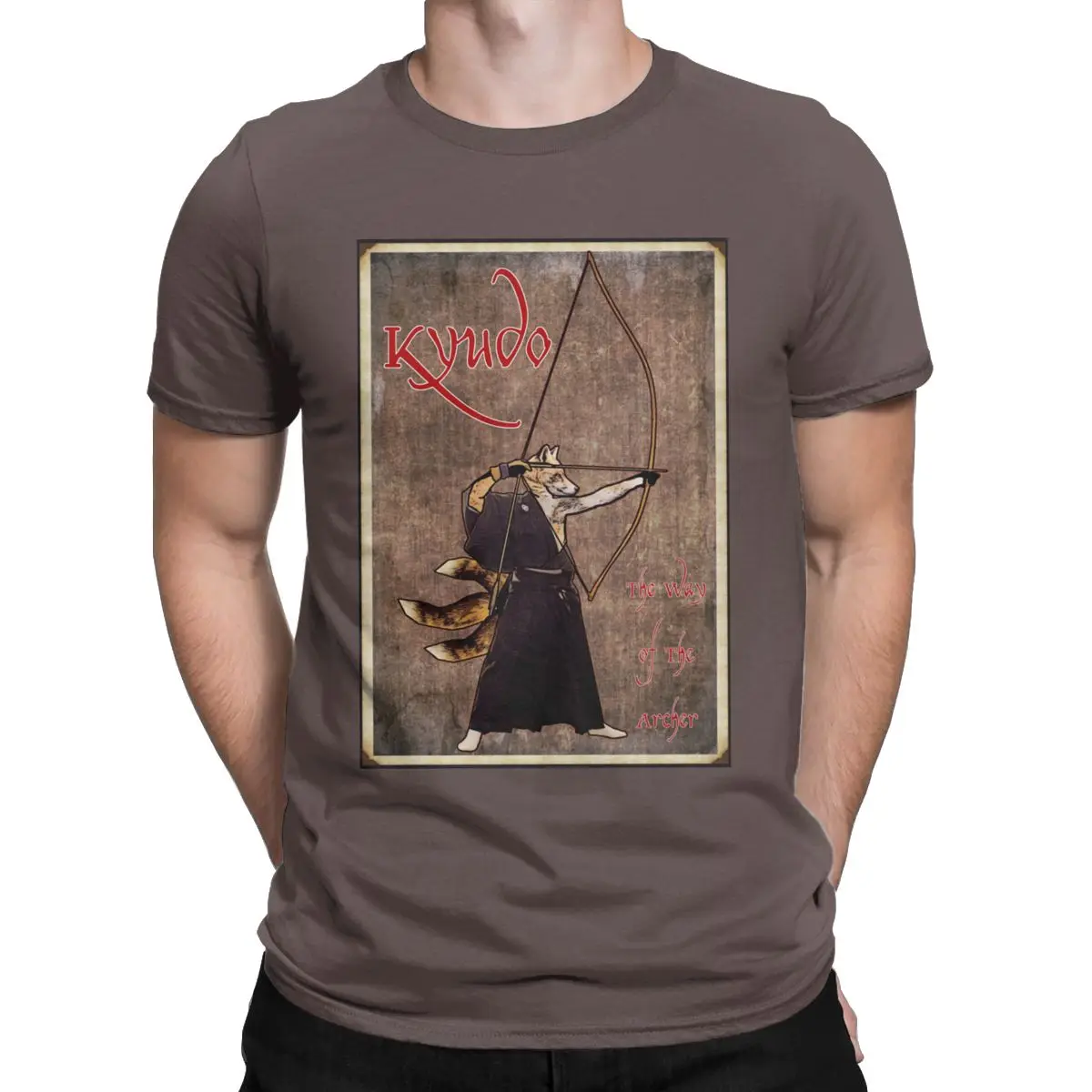 Винтажная Футболка Kyudo Kitsune The Way Of The Archer, мужские хлопковые футболки, футболка с коротким рукавом с изображением лука, стрел, японских первобытных стрельб из лука - Цвет: Коричневый