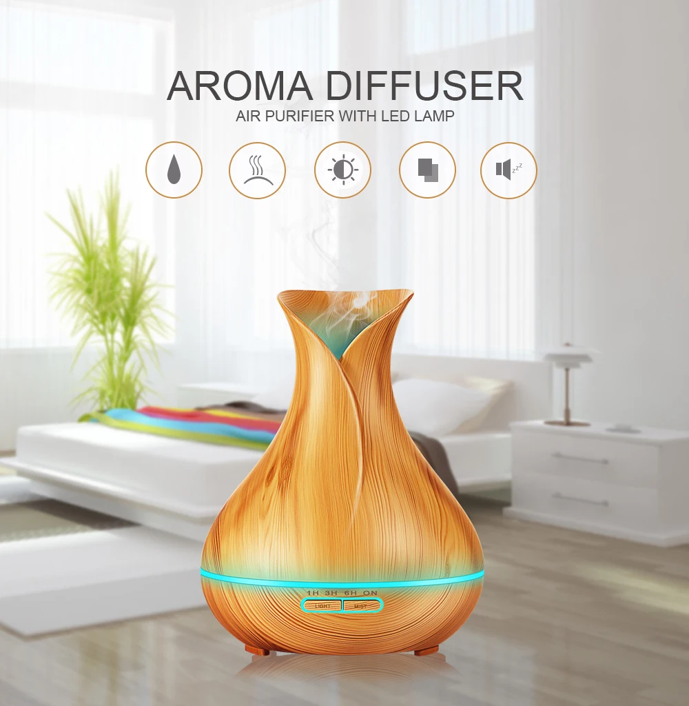 

300ml Ultrasonic Air Humidifier Aroma Essential Oil Diffuser with Wood Grain 7 Color Changing LED Lights for Bedroom Living Room