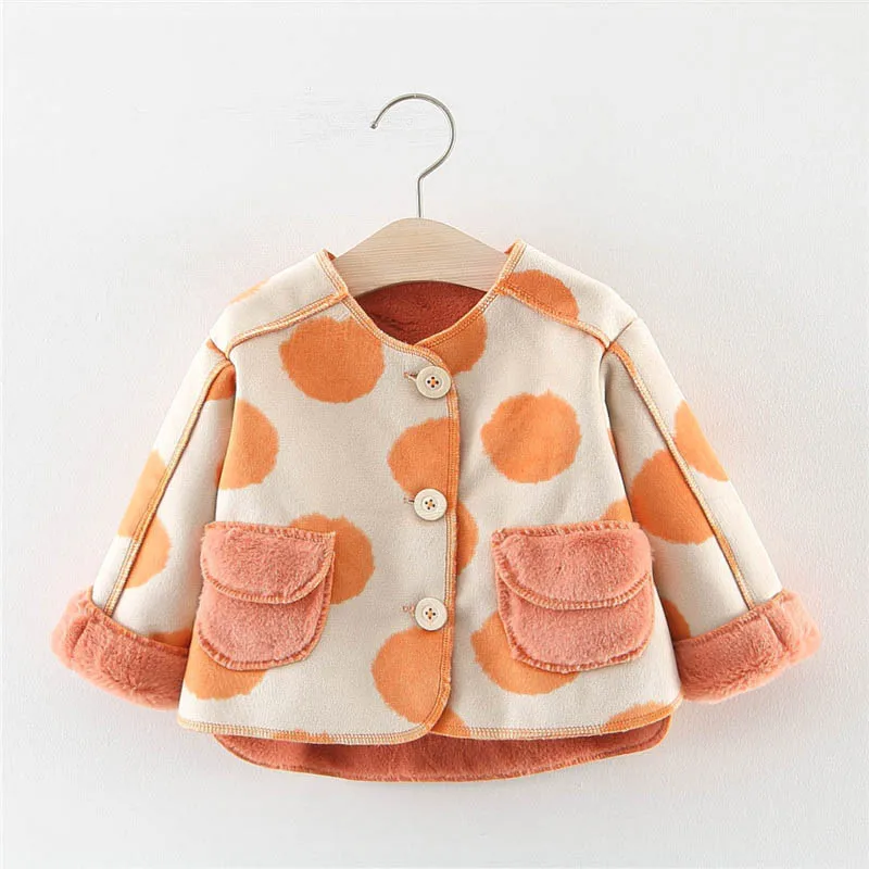 2009 Зимняя утепленная верхняя одежда в горошек с карманами для девочек Детская верхняя одежда