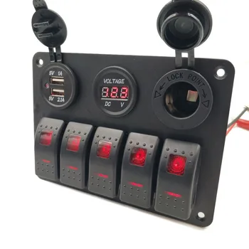

5 Gang Red ON-OFF Toggle Switch Panel 2USB 12V Car Boat Marine RV Truck Camper 5 Gang Toggle Switch Panel With Decals