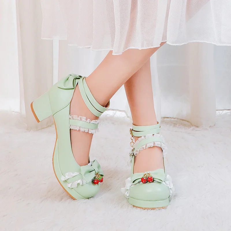 Women Cute Lolita Cosplay Shoes Bow Mid Chunky Heel Heart Strap Platform Mary Jane Pumps Kawaii Sweet School Girl Strawberry