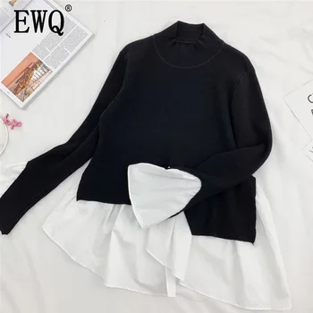 

[EWQ] 2020 Spring Autumn Round Collar Long Sleeve Fake Two Piece Patchwork Shirt Women Fashin Tide Sweater Fashion Tide AH32101