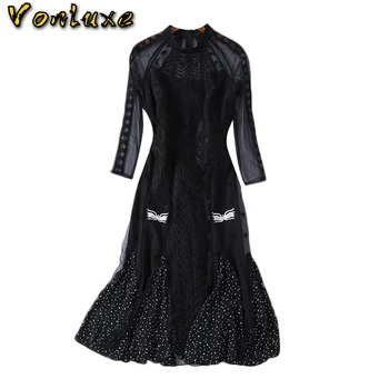 

2020 New Arrival Autumn Luxury Runway Designer High Quality Mesh Embroidery Self Portrait Ladies Women Long Black Dress Femme