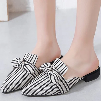 

Woman Mules Pointed Toe Slipper 2020 New Ladies Bowtie Elegant Slides Women Low Heel Fashion Women's Stripe Female Outdoor Shoes