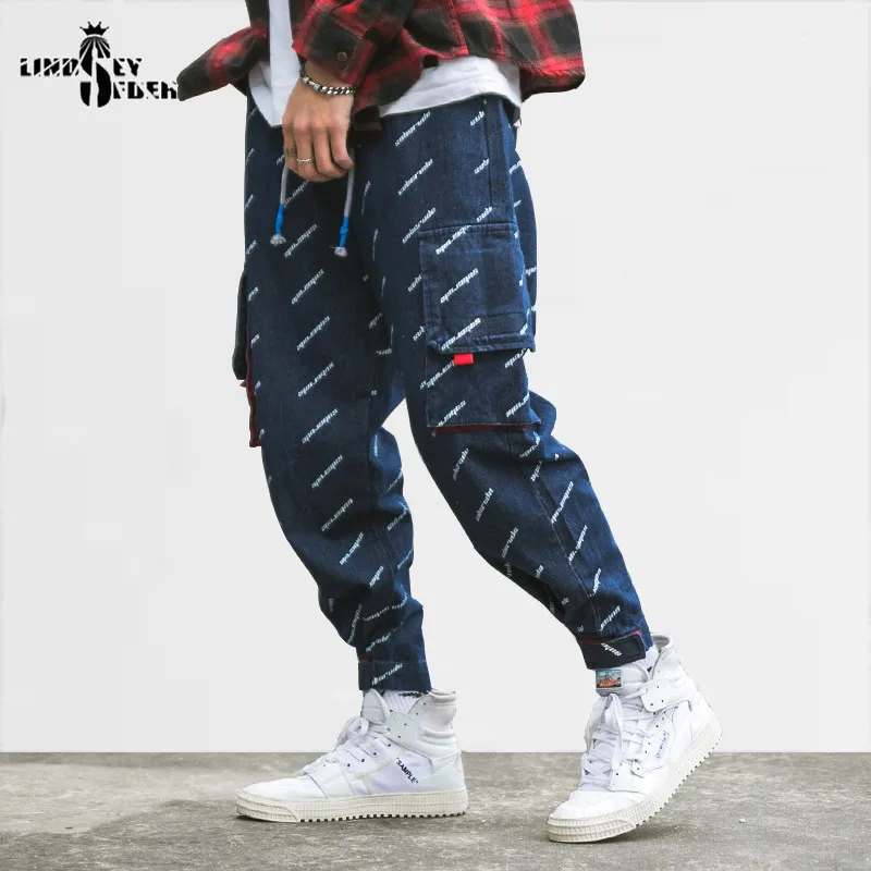 Lindsey Seader Hiphop Denim Cargo Pants Jeans Pockets Men Harajuku Streetwear Joggers Pant Letters Harem Trousers | Мужская одежда