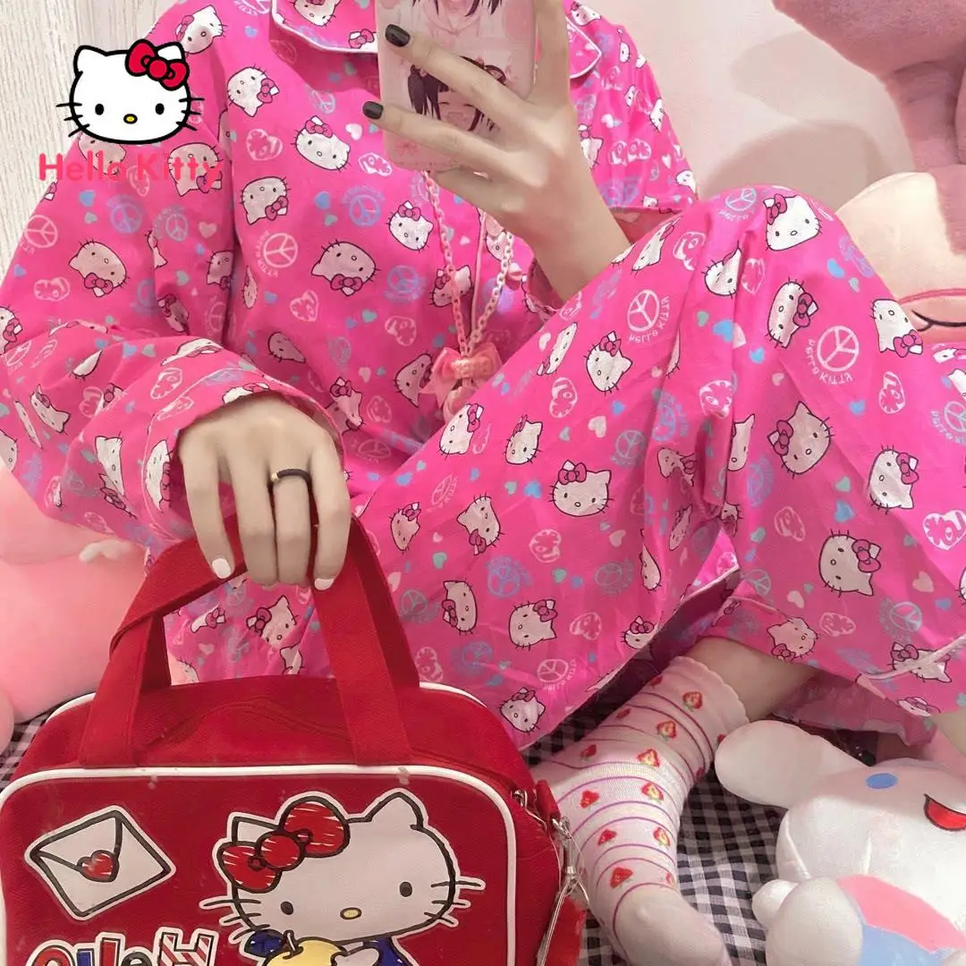 Hello Kitty Clothes y2k Kawaii Home Service Cartoon Suit Long-sleeved Trousers Plus Size Cardigan Pajamas Set for Women Winter | Игрушки и