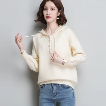 

Fashion Hooded Sweater Female Solid Color Knitted Long Sleeve Pullovers Tops Women Spring New Casual Large Size Loose Sweater