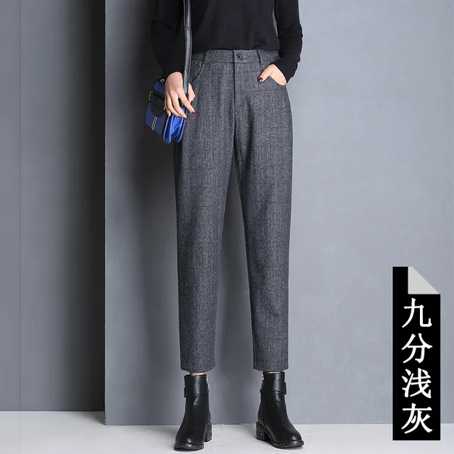 Ankle Length Женские осенние зимние повседневные Прямые брюки-шаровары Модные клетчатые полосатые корейские шерстяные брюки размера плюс шерстяные брюки женские 4XL - Цвет: Ankle Length