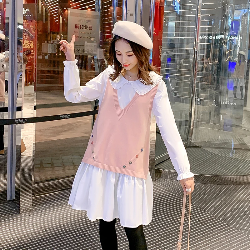 8185pink Комплект одежды из хлопка для беременных; базовое платье с длинными рукавами и воротником в стиле Питера Пэна+ свитер без рукавов; комплект-двойка; платье для беременных женщин; костюмы - Color: 8185pink