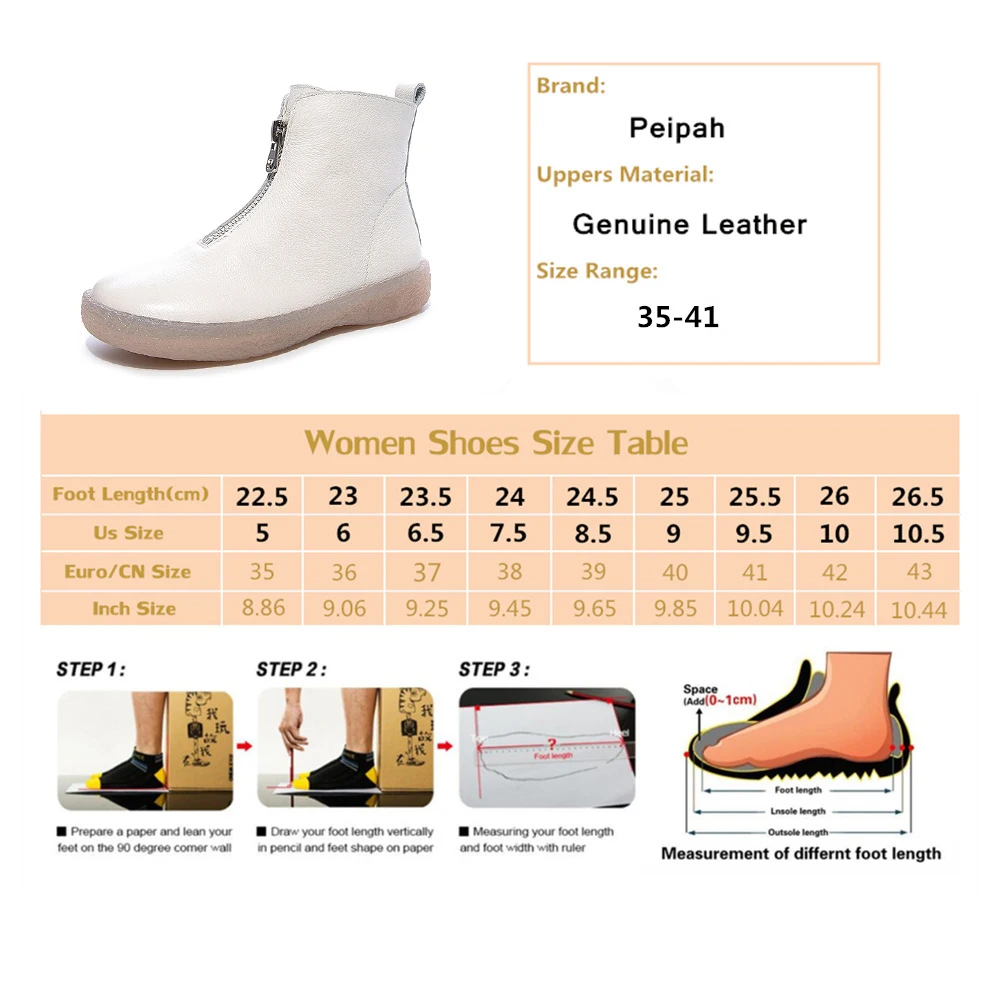 PEIPAH Autumn/Winter Women's Genuine Leather Shoes Woman Ankle Boots Female Retro Shoes Ladies Flat With Zip Bootee Woman