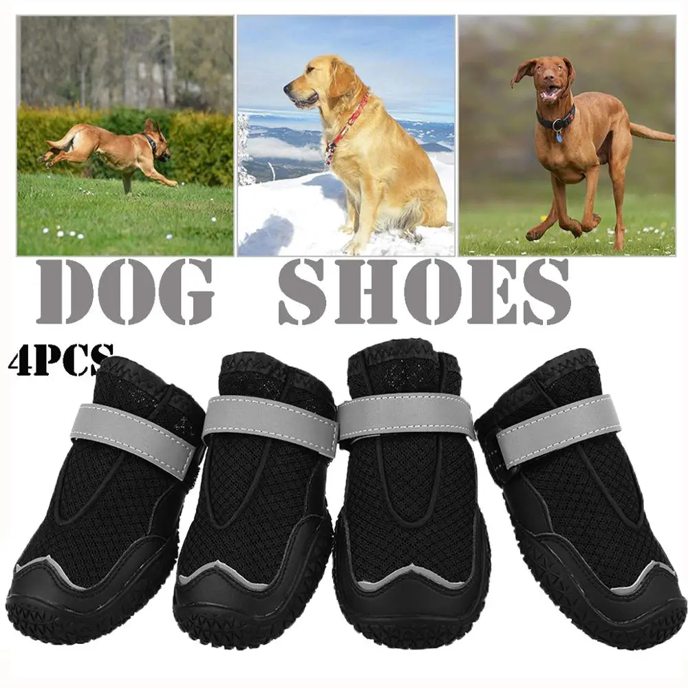 

4PCS Black Dog Shoes Anti-slip soft Reflective Straps Four seasons shoes Suitable for small and large dogs Breathable Net shoes
