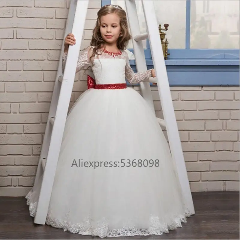 as picture Пышное детское платье с длинными рукавами, красное, с блестками, с поясом, кружевное, с цветочным узором, платья для девочек на свадьбу, для девочек, длина до пола, для детского праздника, дня рождения - Цвет: as picture