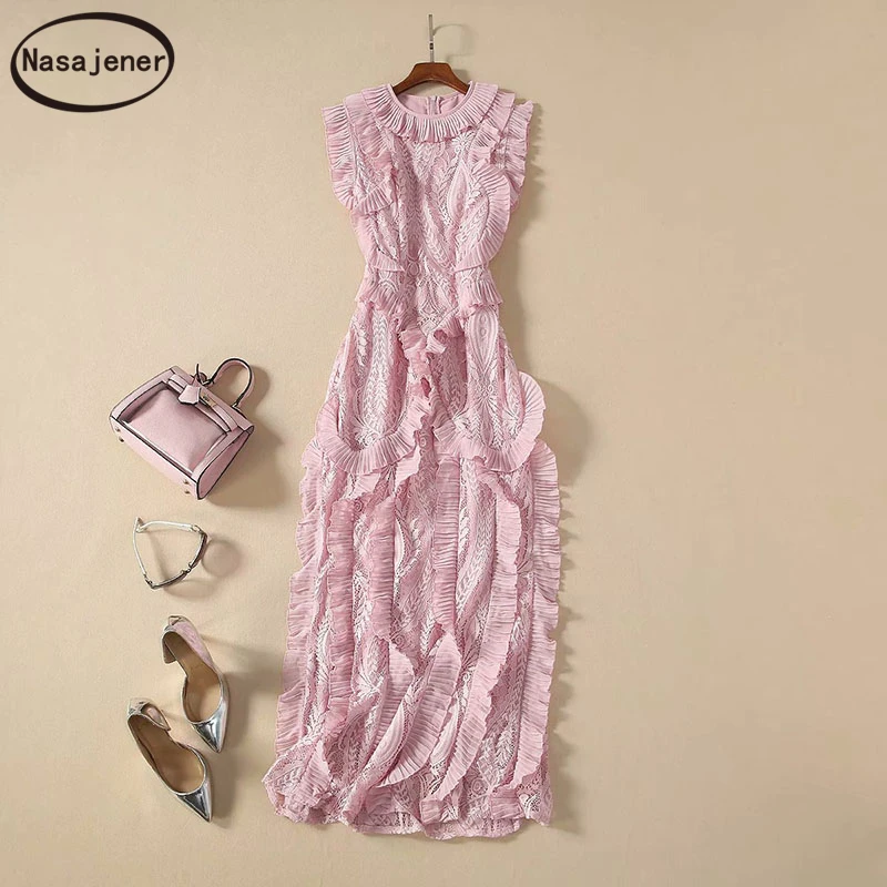 

Spring And Summer 2020 New High-End Temperament Catwalk Dress Round Neck Pleated Ruffled Lace Slim Long Dress Tide Models