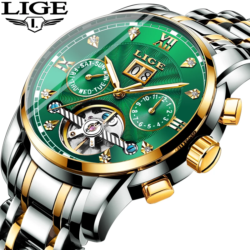 LIGE мужские часы Tourbillon автоматические механические Топ бренд класса люкс из