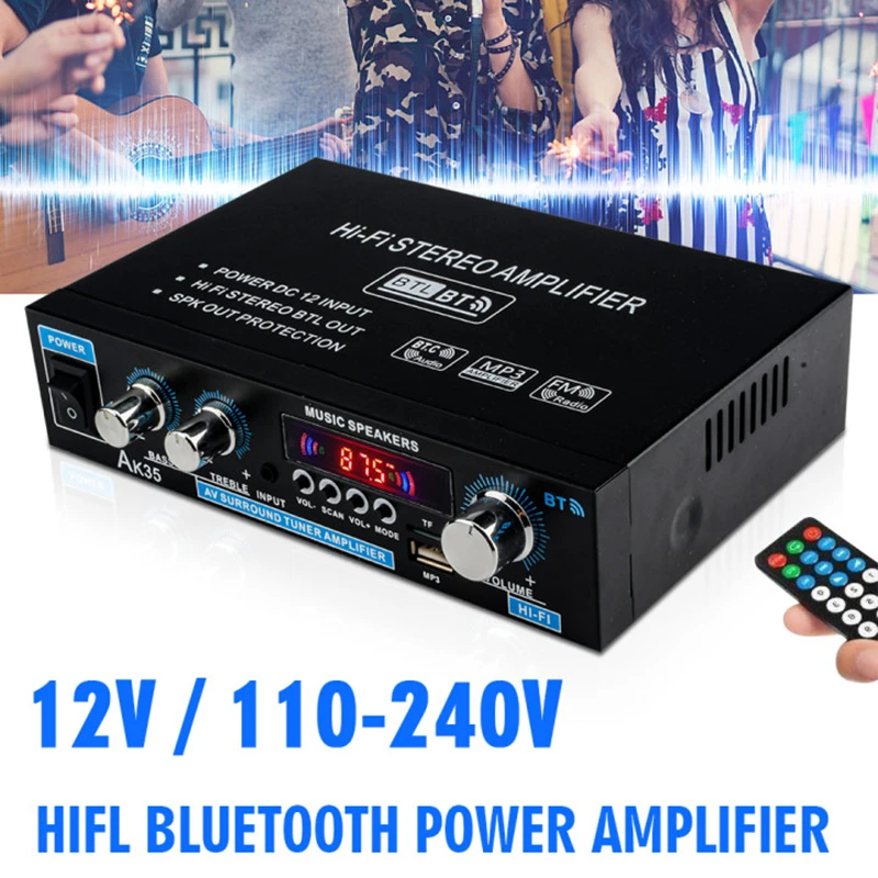 AK35 Home Digital Amplifiers Audio 110-240V Bluetooth 5.0 Stereo Amplifier for Home Audio Speakers Hifi FM Auto Music Subwoofer