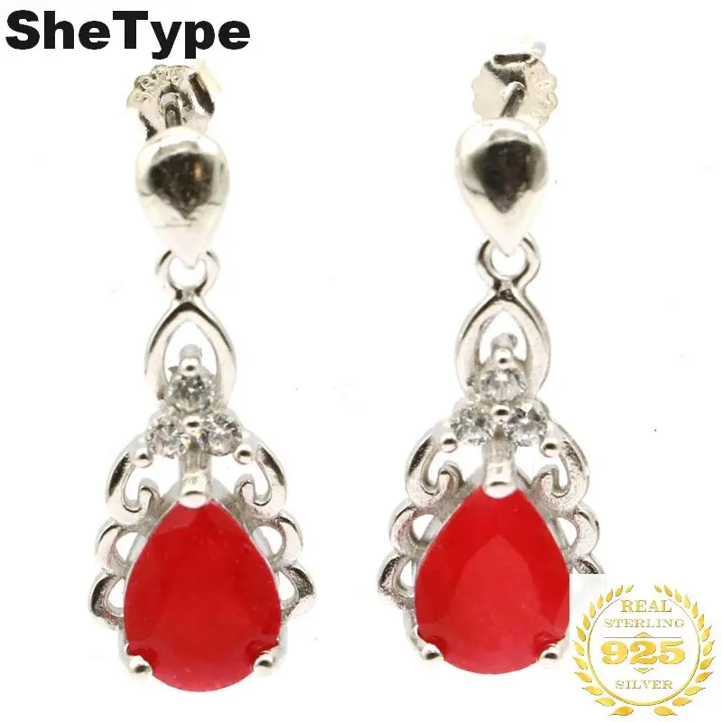 

24x10mm Elegant 3.75g Drop Shape Real Red Ruby CZ Gift For Girls 925 Solid Sterling Silver Stud Earrings