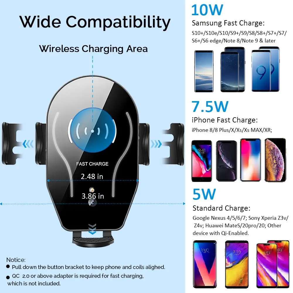 Auto-Clamping 10W Qi Fast Wireless Charging for Blackview BV9800 BV9700 Pro BV9600 Plus BV5800 Pro BV6800 Pro QC 3.0 Car Charger