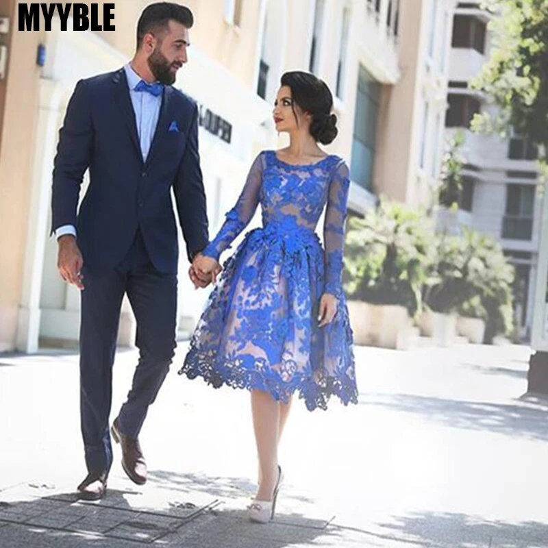 MYYBLE Vestidos de Cóctel azul real, elegantes, baratos, de manga con apliques de encaje, talla grande, Vestido corto de regreso a casa, 2022| Vestidos de - AliExpress