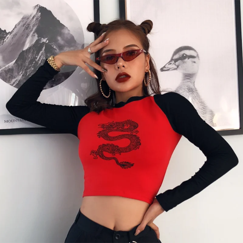 IAMHOTTY Dragon Print китайская женская футболка контрастная Лоскутная мужская майка с длинным рукавом Осенняя уличная Новая женская футболка