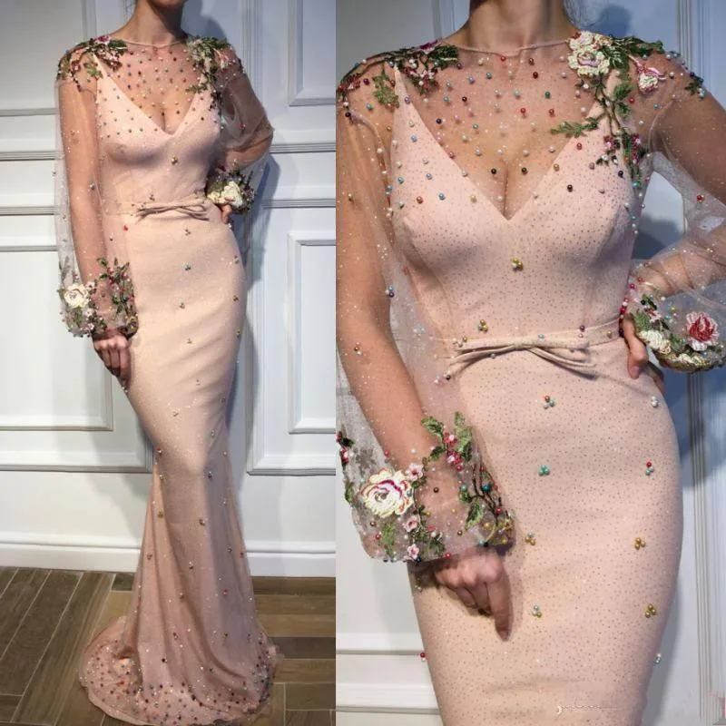 Avondjurken 2020 Lange Mermaid Pink Tulle Kralen Parels Met Bloem Mouwen Arabisch Formele Prom Party Night Gown Avondjurken 2020 Lange Mermaid Pink Tulle Kralen Parels Met Bloem Mouwen Arabisch Formele Prom Party Night Gown