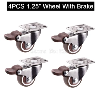 ブランド新4個1.25インチメタルトップスイベルホイールtpeゴムスーパーミュート家具キャスターワットブレーキ耐荷重22キログラム/ピース