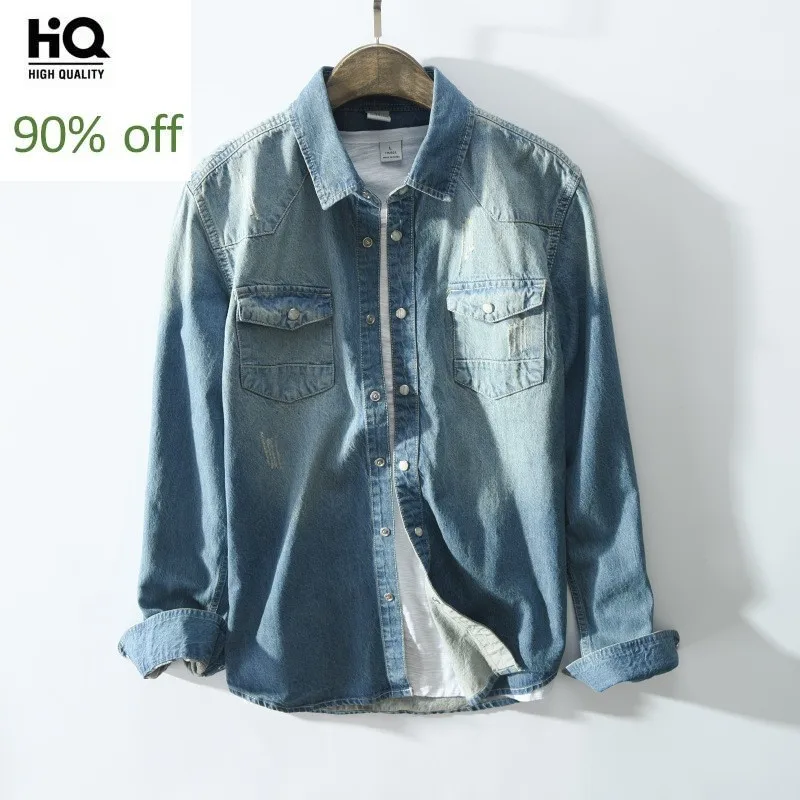 

2020 New Mens Fashion Washed Long-Sleeves Denim Shirt Slim Turm Collar Casual Shirts Men Camisa Masculina Ropa Hombre Blue Shirt