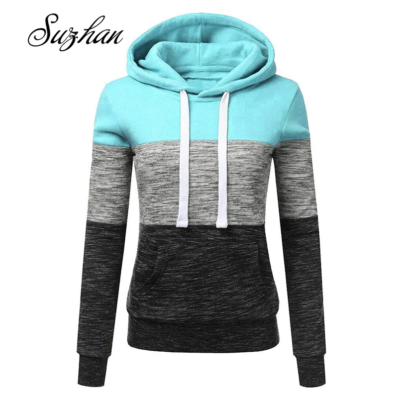 

Suzhan Fashion Stitching Color Hooded Sweatshirt Women Casual girl Long Sleeve Loose Terry Pocket Pullover Female Clothes