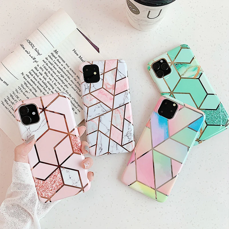 

For iPhone 11 Case 6.1 inch 2019 Plating Geometric Marble Silicone Cover For iPhone Case 11 Pro Max 8 7 6 6s XR X XS Max Plus