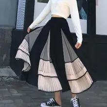 Новинка, женские осенние плиссированные юбки с эластичной резинкой на талии, контрастные цвета, весенние юбки, модные длинные юбки в сеточку