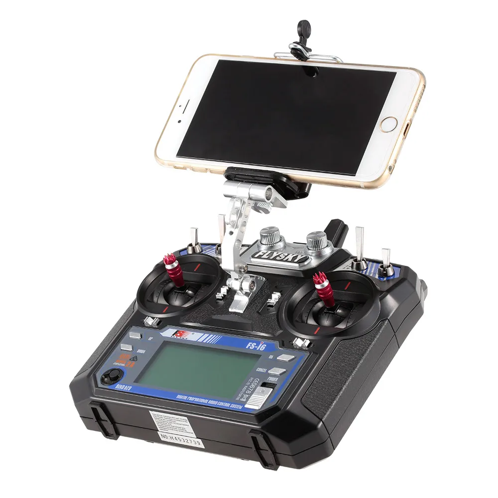 Angle de côté du support de téléphone en métal pour radiocommande FlySky FS-i6 et i6s, illustrant sa robustesse.