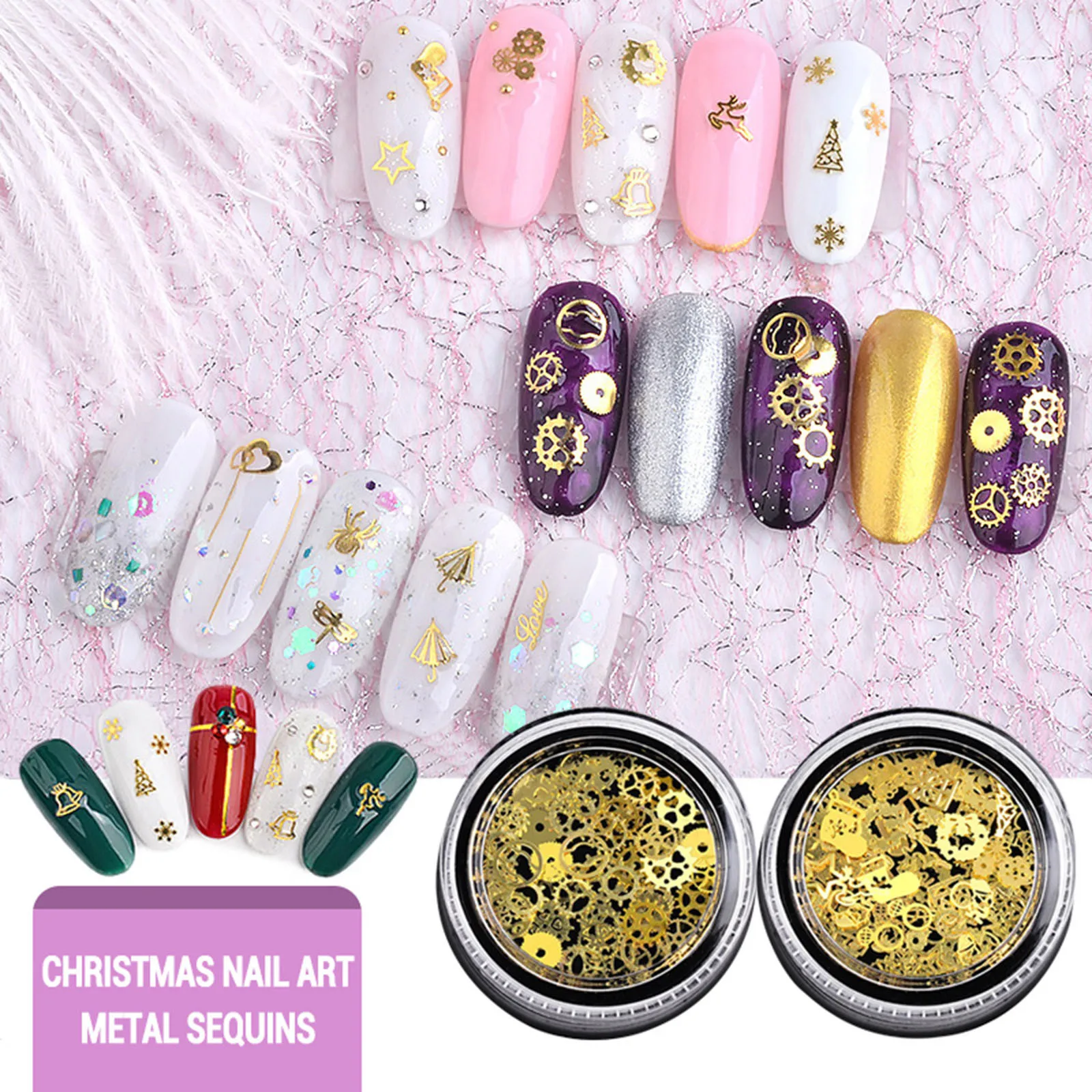 

Christmas Nail Art Decorations Ornaments Hollow Metal Stickers Gear Gold Super Thin Sheet Pearl Nails Accesorios Christmas Gifts