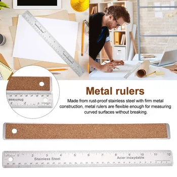 

Inch And Metric Cork Base Straight Edge Flexible Measuring Office Non Slip Woodworking Home Stainless Steel Metal Rulers School