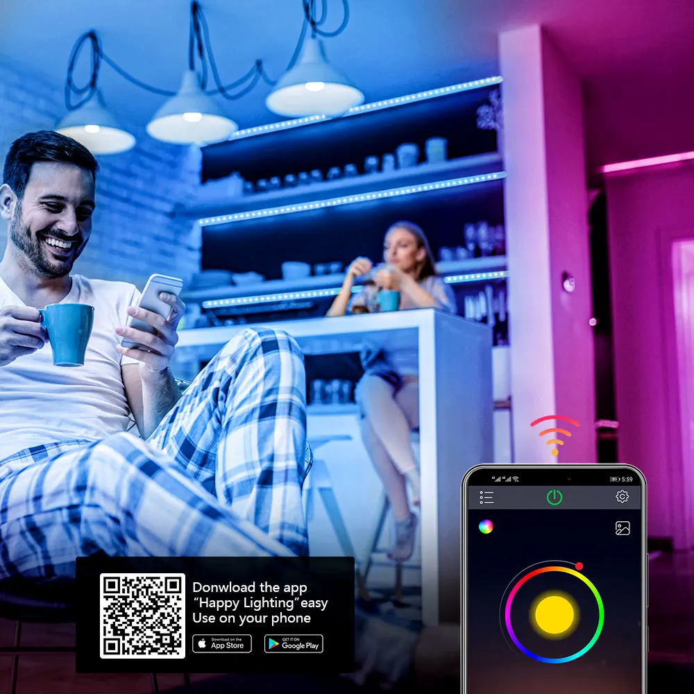 ColorRGB LED 스트립 조명, 블루투스 원격 제어, 음악 동기화, 색상 변경 LED 조명 스트립, 방 홈 데코