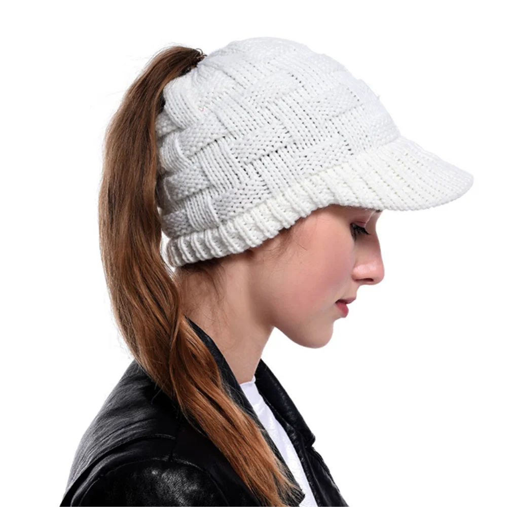 Хвощ Кепки зимняя женская теплая вязаная шапка в пучок Beanie Осенняя Мягкая трикотажная Кепки Модная вязаная шерстяная шапка