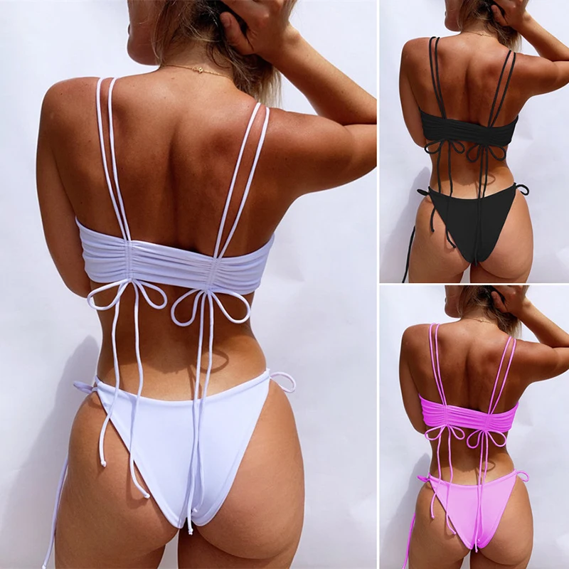 

Women Bandage Solid Color Bikini Set Sexy Low Waist Beachwear Bathing Swimming Suit Female Summer Push Up Pad Swimwear Swimsuit
