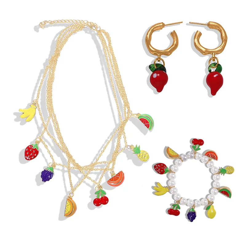 Jewelry Set 2 Лето,, сладкая клубника, лимон, ананас, свежие фрукты, очаровательные жемчужные браслеты для женщин, эмаль, фрукты, Очаровательное ожерелье, серьги - Окраска металла: Jewelry Set 2