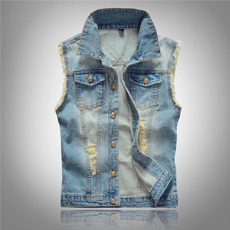 

Casual Turn-down Collar Short Men 2019 New Arrival Single Breasted Cool Personality Waistcoat Blue Jacket Shoulder Jeans Vest