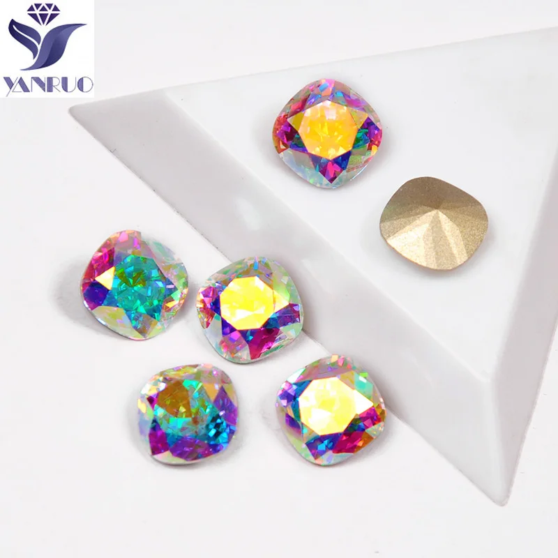 YANRUO 4470 High Quality Nails Rhinestone AB Color Cushion Cut Shape Pointback Crystal Glass Rhinestones For 3D Nail Art Gems | Красота и