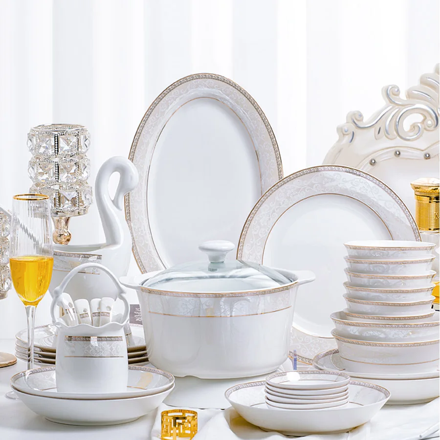 Porcelain Dinner Set 60 pcs Jingdezhen Ceramics Chinese Dishes Rice Bowl Salad Noodles Bowl Dinnerware Set Tableware