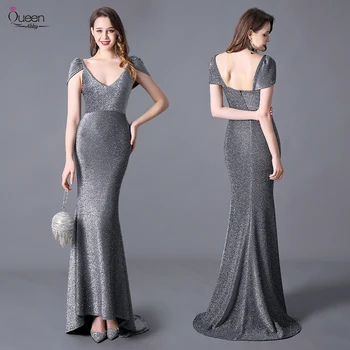 

Luxury Evening Dress Mermiad Deep V-neck Capped Sleeves Floor-length Dress with Sweep Train Zipper-up Dress