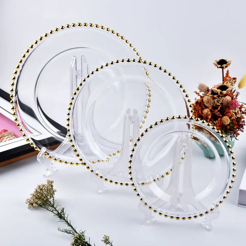 Factory 8 Inch Gold Silver Rim Clear Beaded Point Glass Dish Charger Plate
