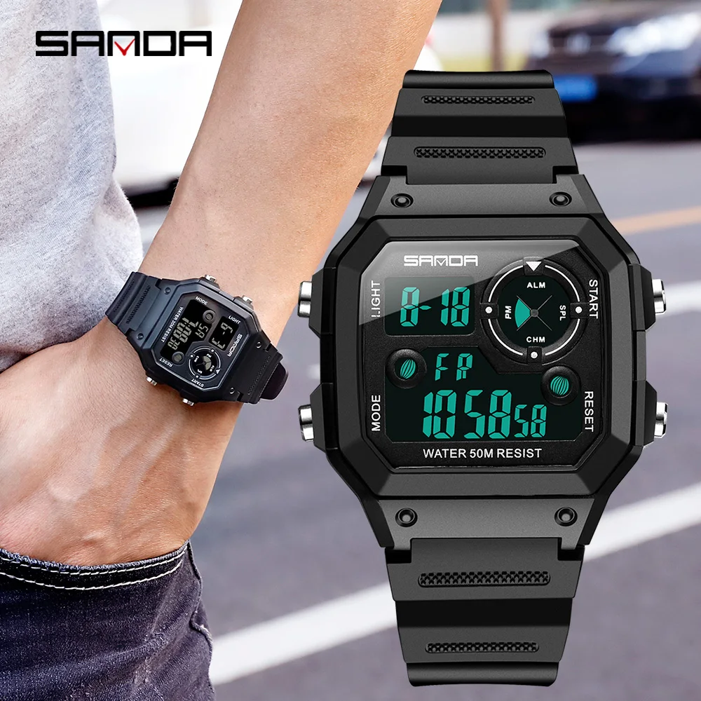 

Часы наручные SANDA мужские с хронометром, Брендовые спортивные модные водонепроницаемые светодиодные цифровые в стиле милитари, с обратным отсчётом